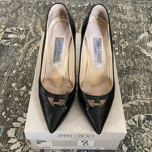 Jimmy Choo Cubed Print Patent Heel in Black